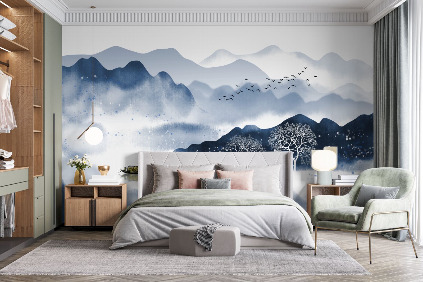 Fotobehang een visser zwemt langzaam langs een stil bergmeer