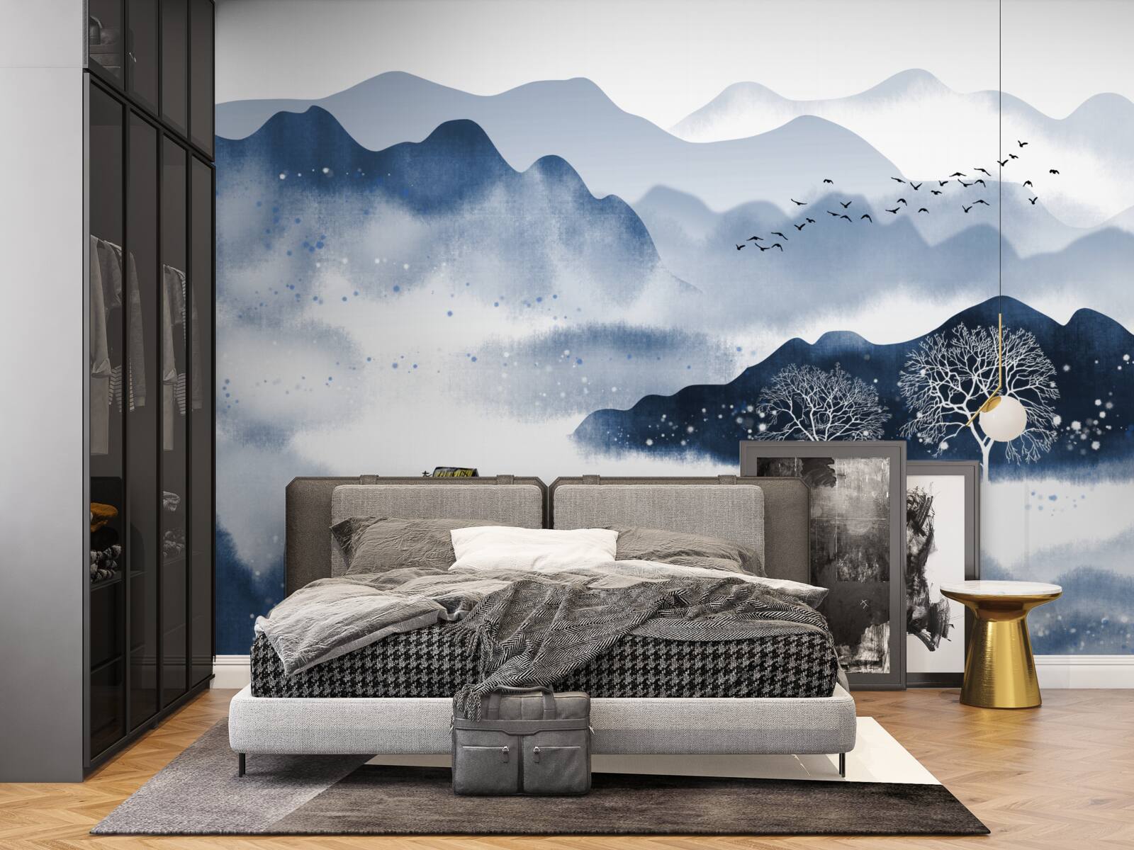 Fotobehang een visser zwemt langzaam langs een stil bergmeer