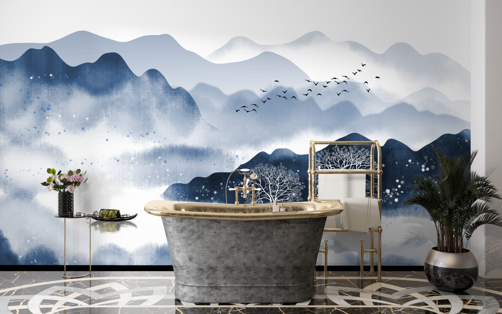 Fotobehang een visser zwemt langzaam langs een stil bergmeer