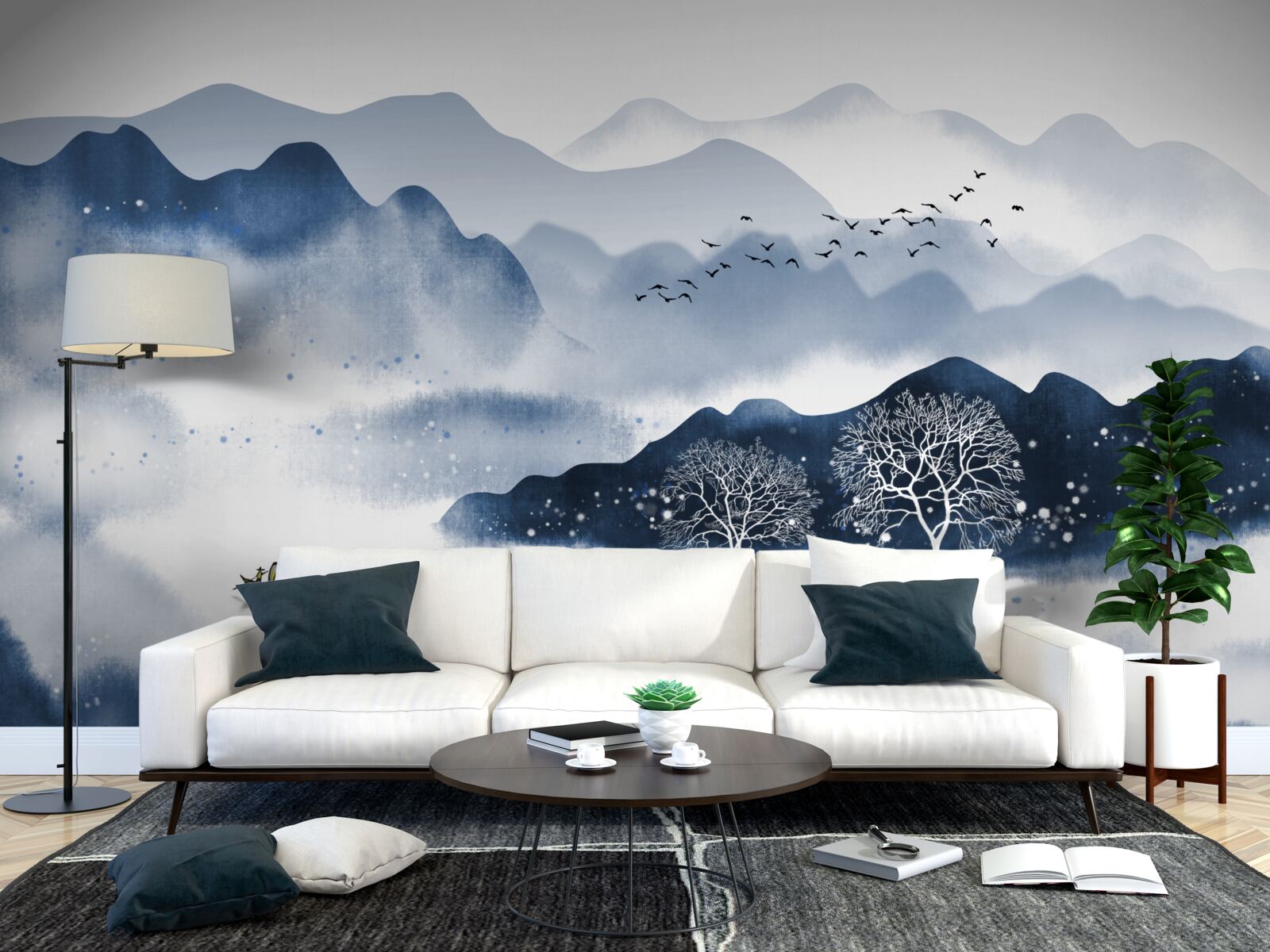 Fotobehang een visser zwemt langzaam langs een stil bergmeer