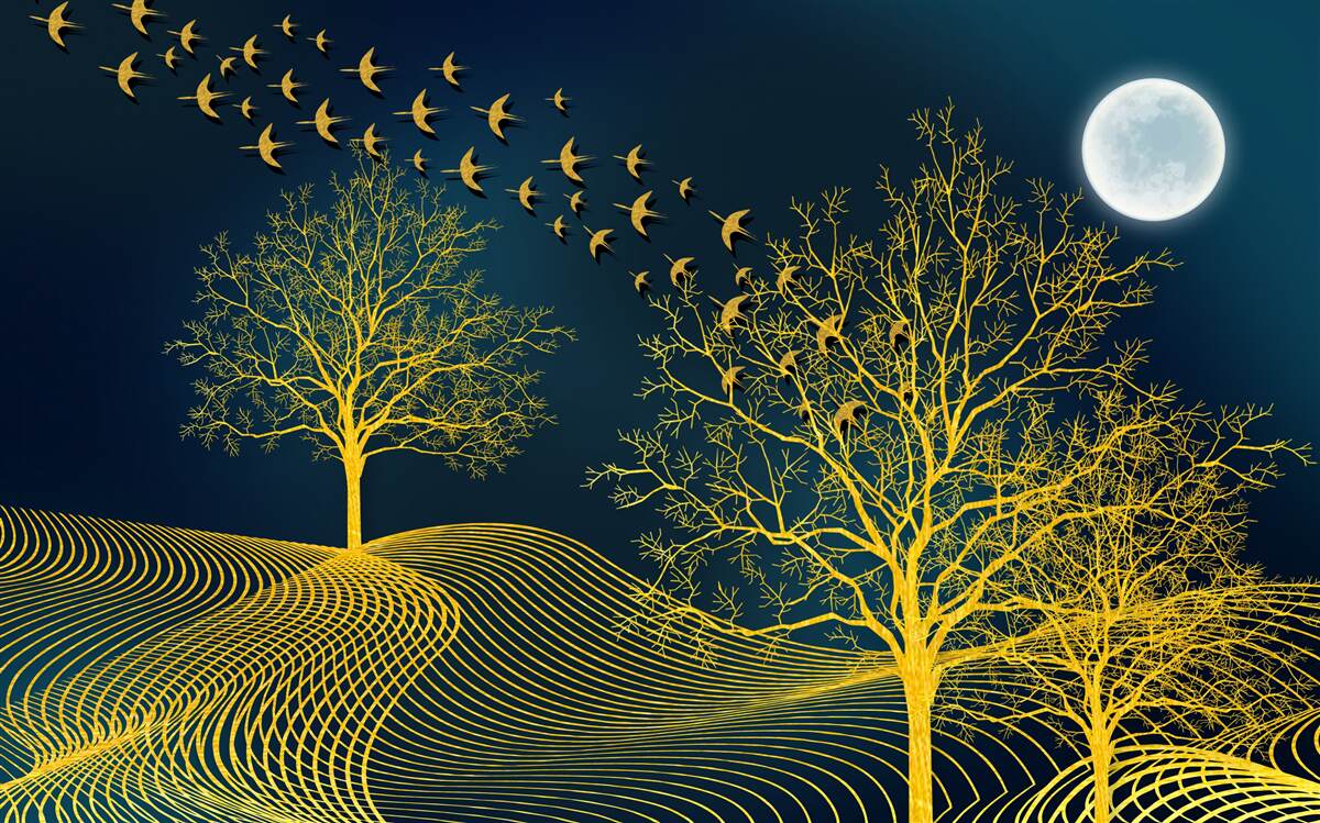 Fotobehang de nachtelijke hemel is gevuld met een gouden bos