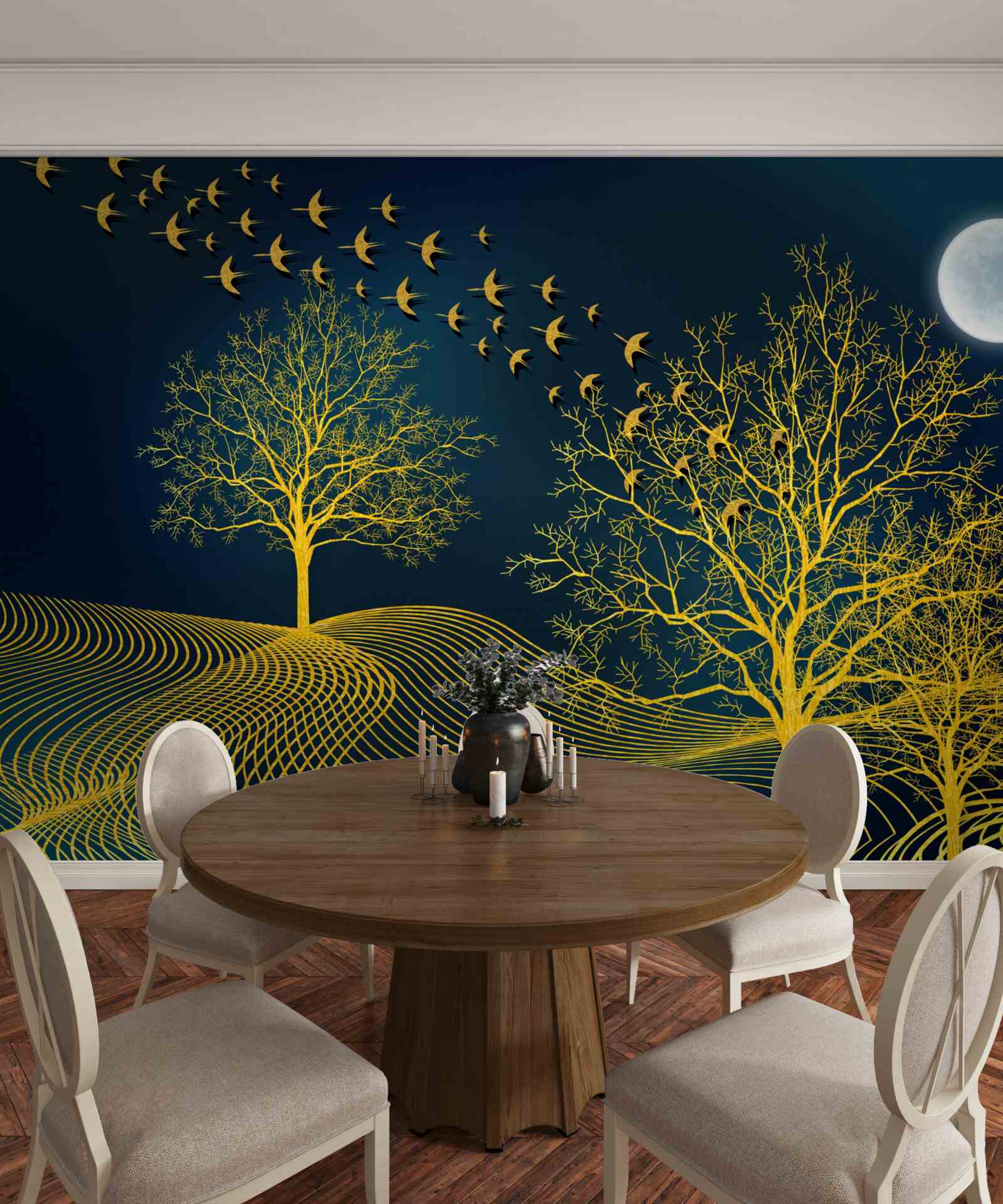 Fotobehang de nachtelijke hemel is gevuld met een gouden bos