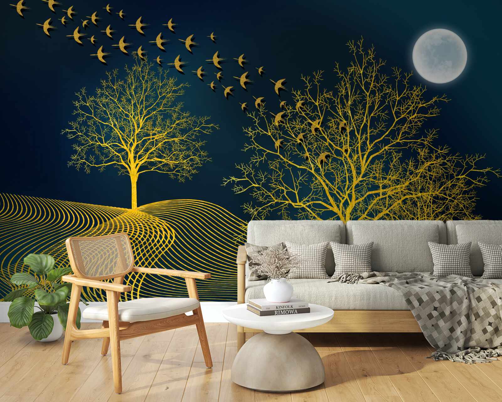 Fotobehang de nachtelijke hemel is gevuld met een gouden bos