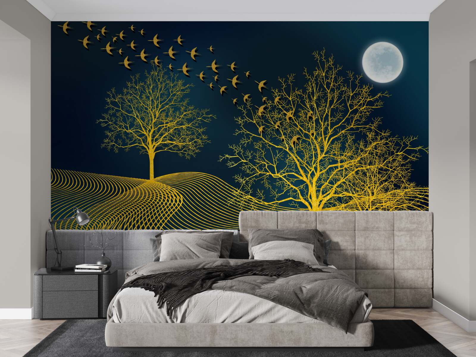 Fotobehang de nachtelijke hemel is gevuld met een gouden bos