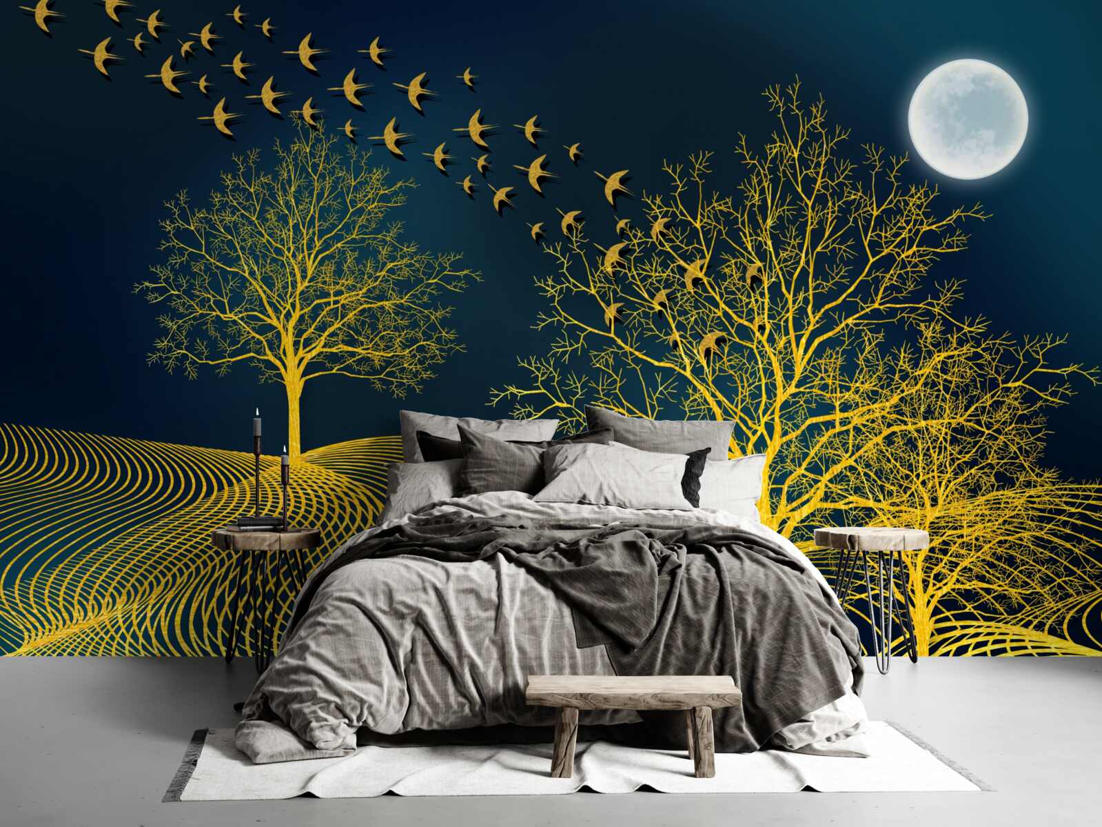 Fotobehang de nachtelijke hemel is gevuld met een gouden bos