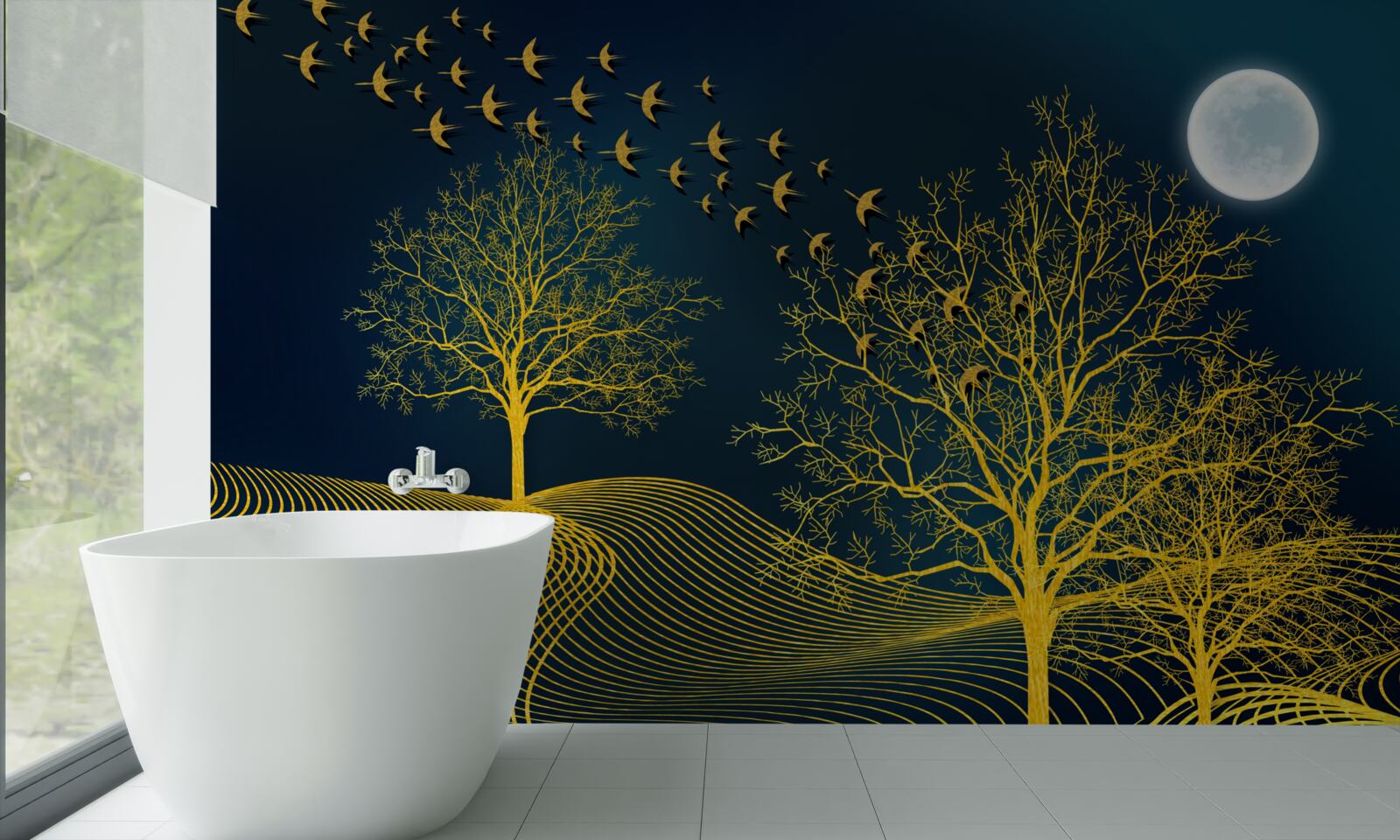 Fotobehang de nachtelijke hemel is gevuld met een gouden bos