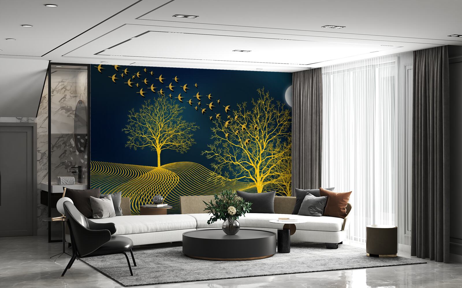 Fotobehang de nachtelijke hemel is gevuld met een gouden bos