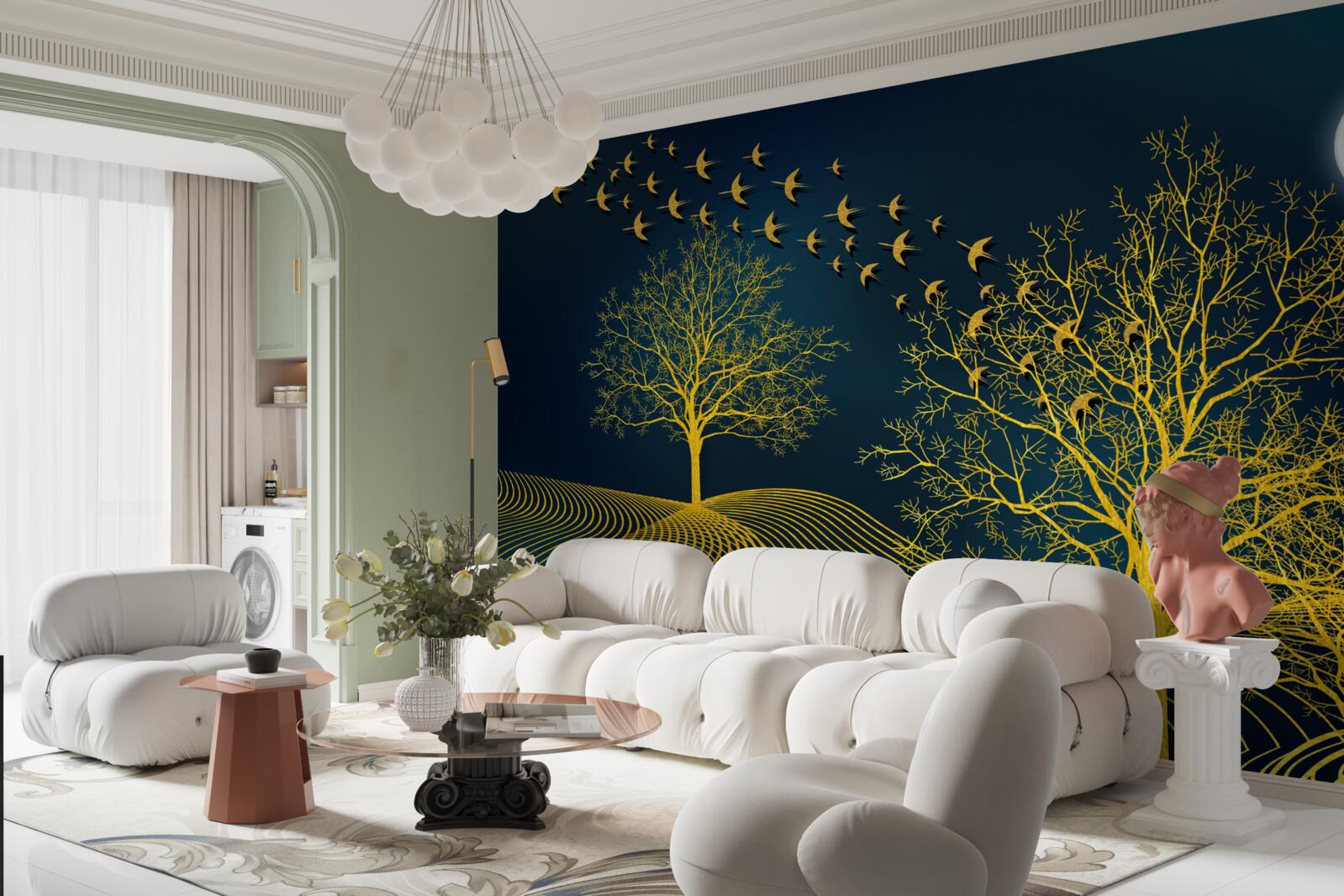 Fotobehang de nachtelijke hemel is gevuld met een gouden bos