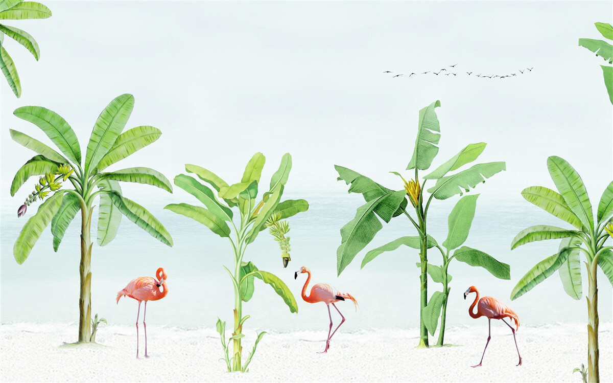 Fotobehang roze flamingo's op een kust van palmbomen