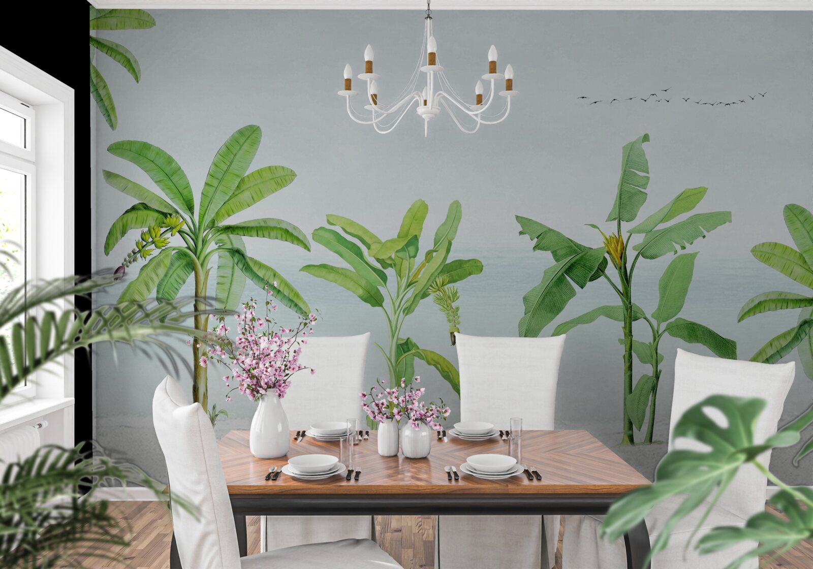 Fotobehang roze flamingo's op een kust van palmbomen