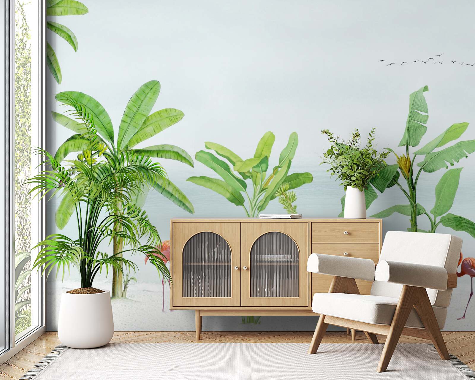 Fotobehang roze flamingo's op een kust van palmbomen