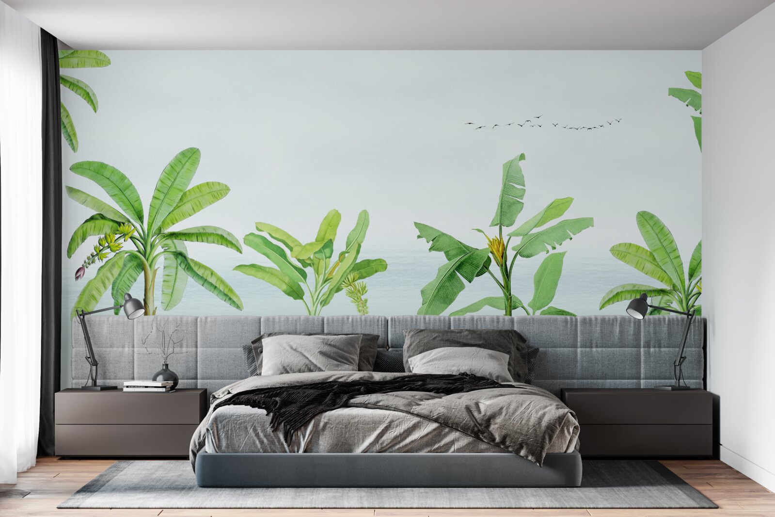 Fotobehang roze flamingo's op een kust van palmbomen