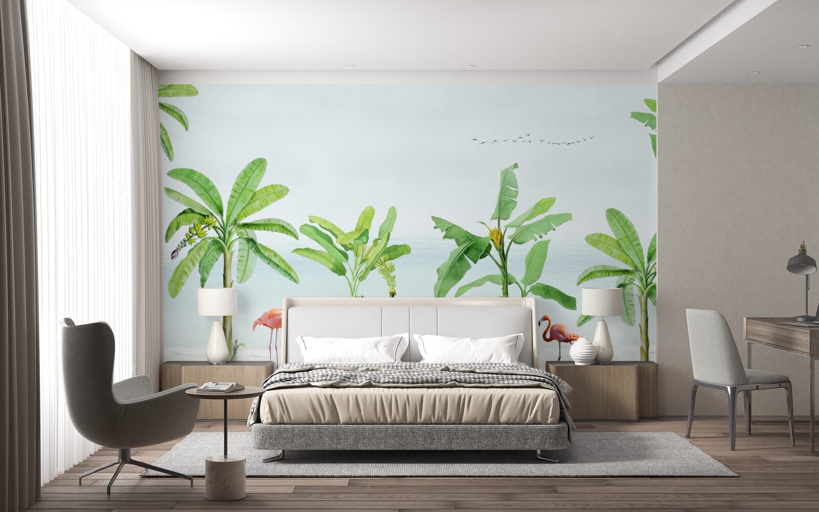 Fotobehang roze flamingo's op een kust van palmbomen