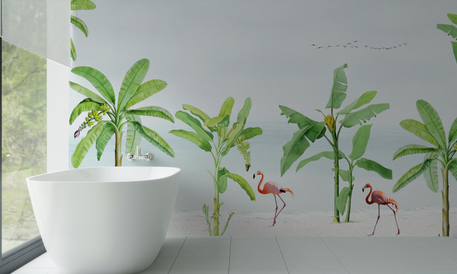 Fotobehang roze flamingo's op een kust van palmbomen