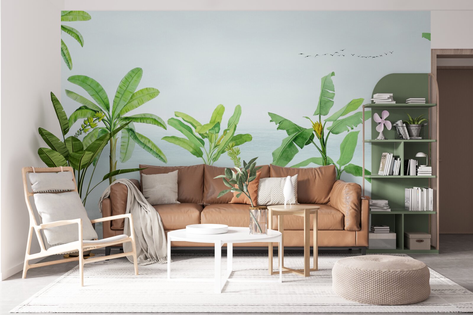 Fotobehang roze flamingo's op een kust van palmbomen