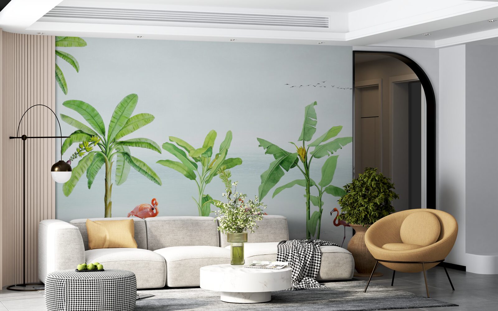 Fotobehang roze flamingo's op een kust van palmbomen