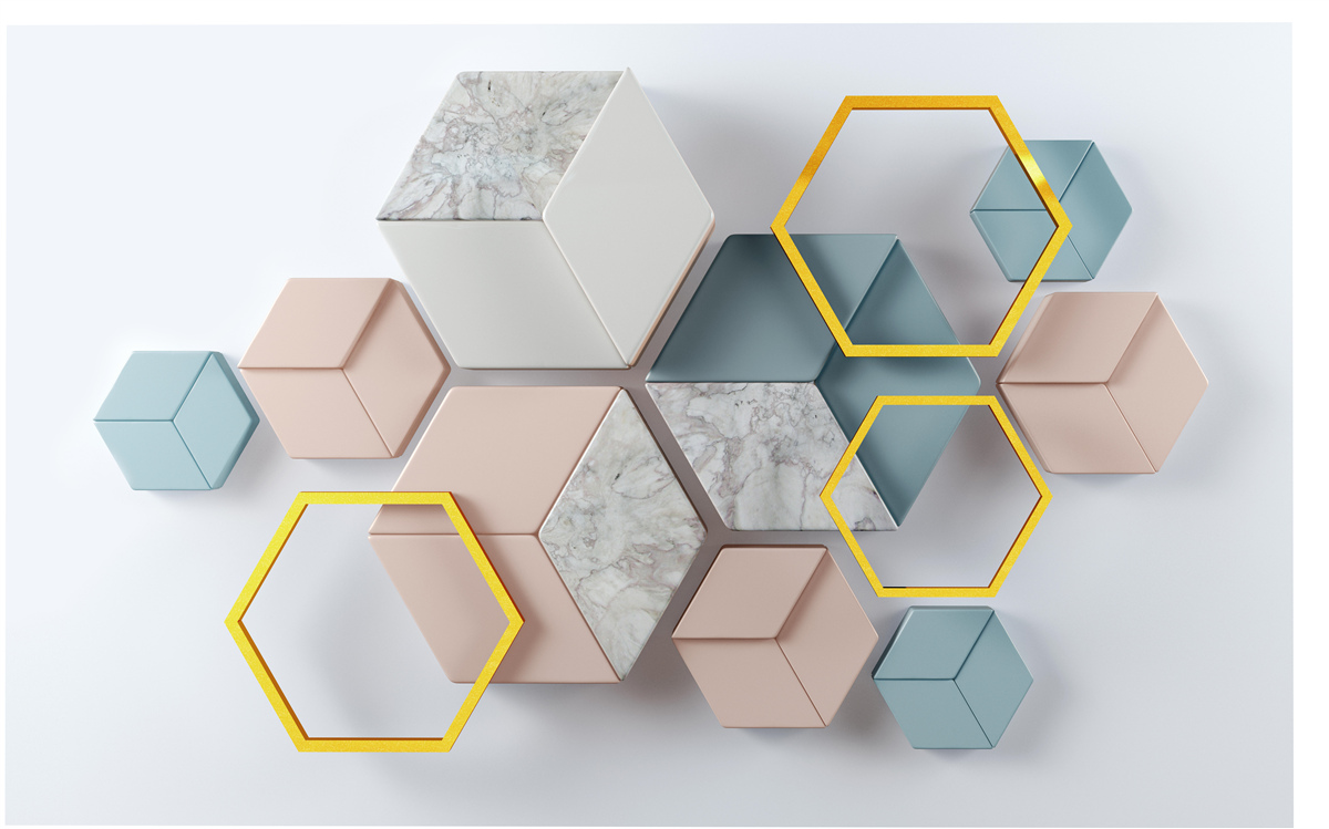 Fotobehang vijfhoekige vormen in drie dimensies op een grijze achtergrond