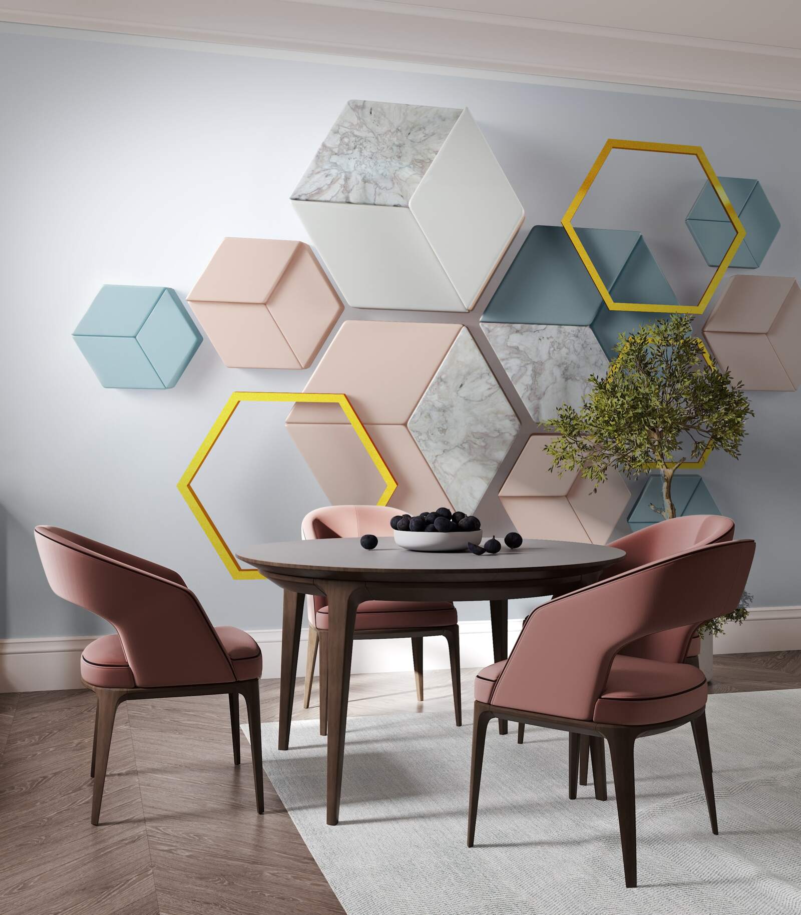 Fotobehang vijfhoekige vormen in drie dimensies op een grijze achtergrond