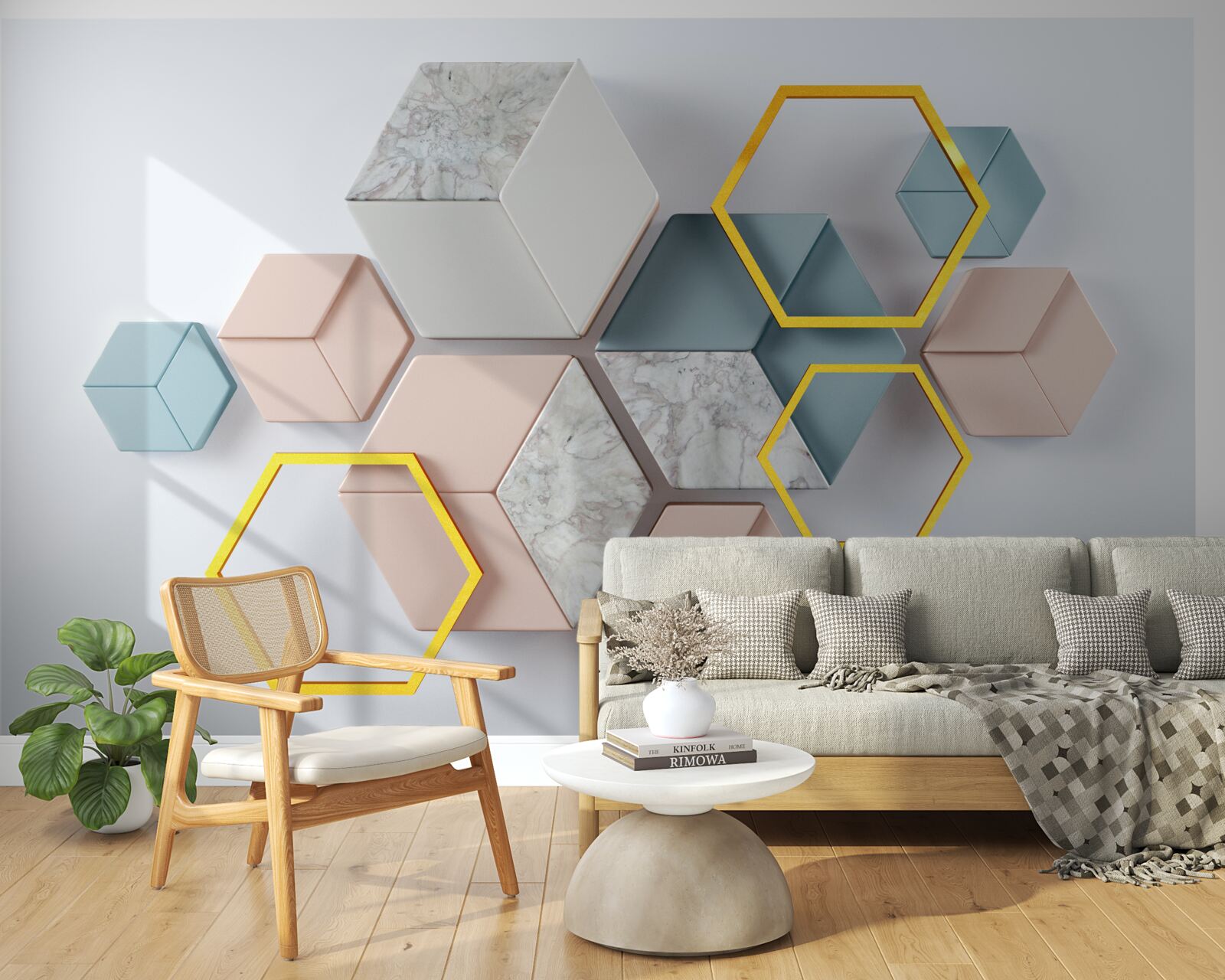 Fotobehang vijfhoekige vormen in drie dimensies op een grijze achtergrond