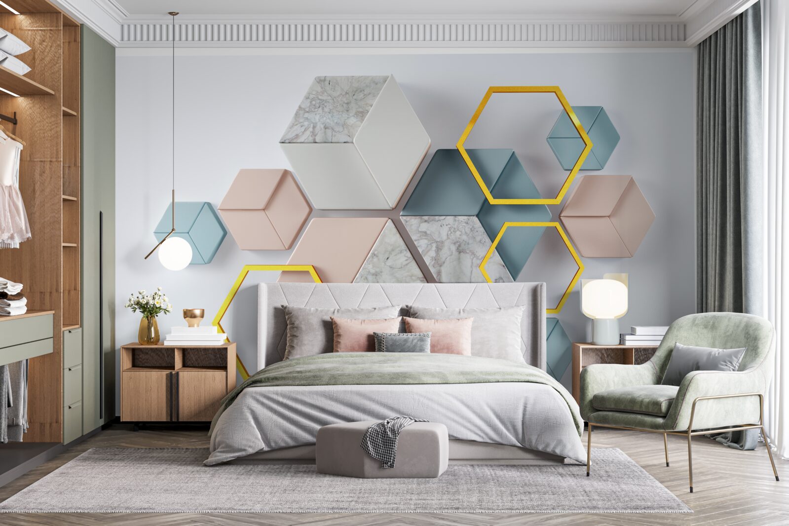 Fotobehang vijfhoekige vormen in drie dimensies op een grijze achtergrond