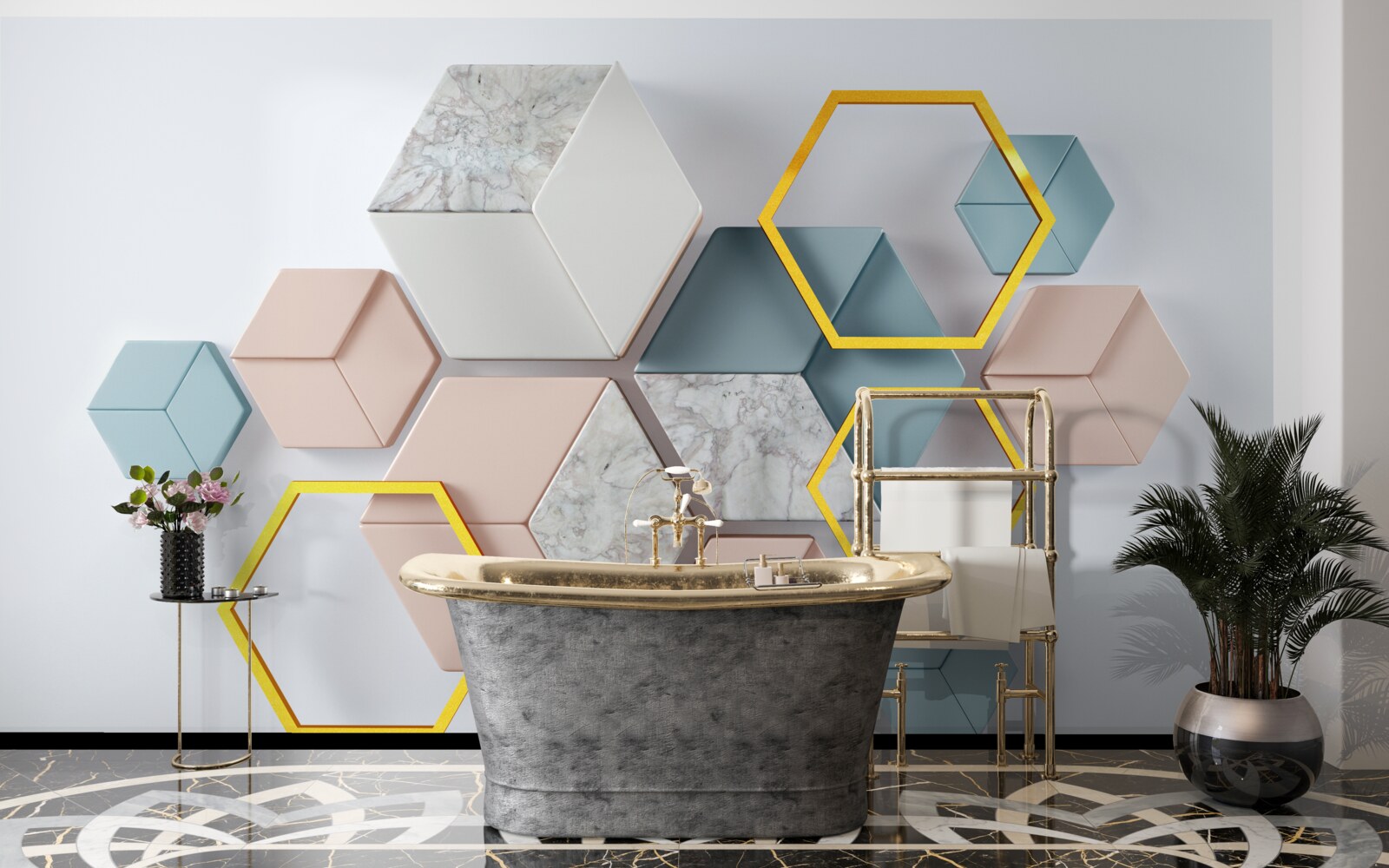 Fotobehang vijfhoekige vormen in drie dimensies op een grijze achtergrond