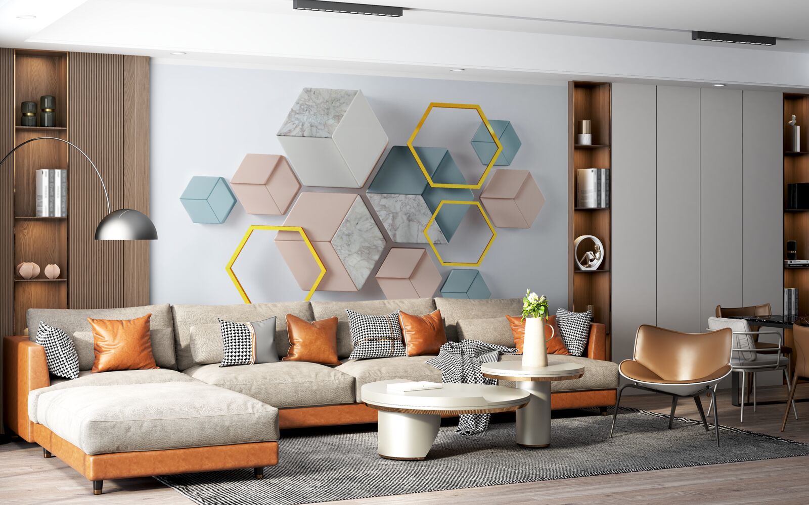 Fotobehang vijfhoekige vormen in drie dimensies op een grijze achtergrond