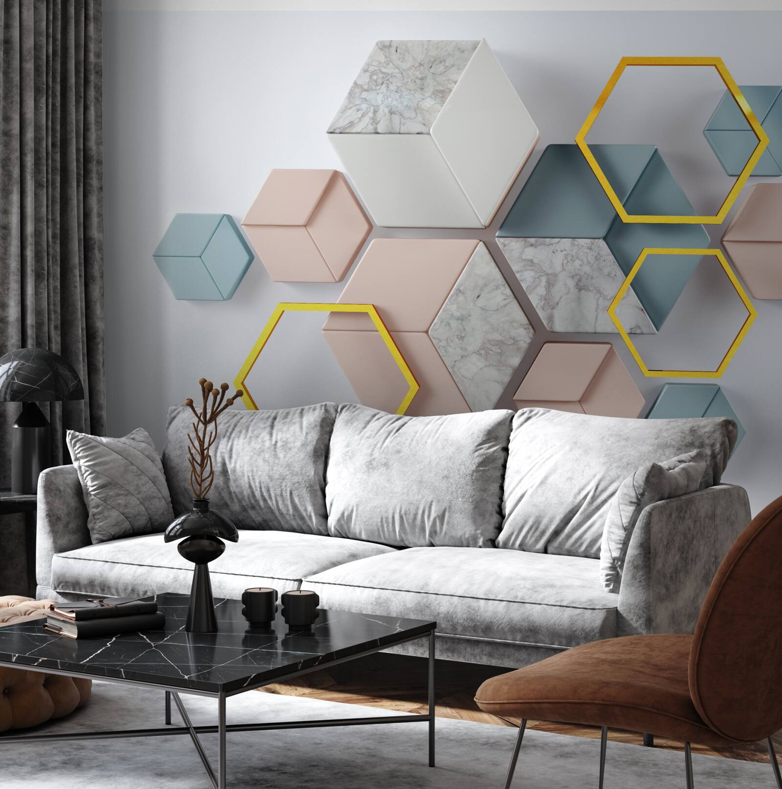 Fotobehang vijfhoekige vormen in drie dimensies op een grijze achtergrond