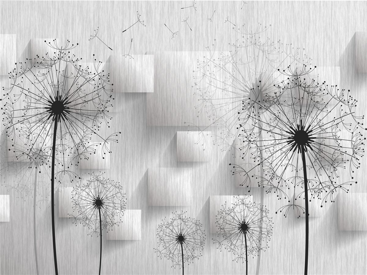 Fotobehang paardenbloemen op een achtergrond van geometrische vormen die vierkanten vormen