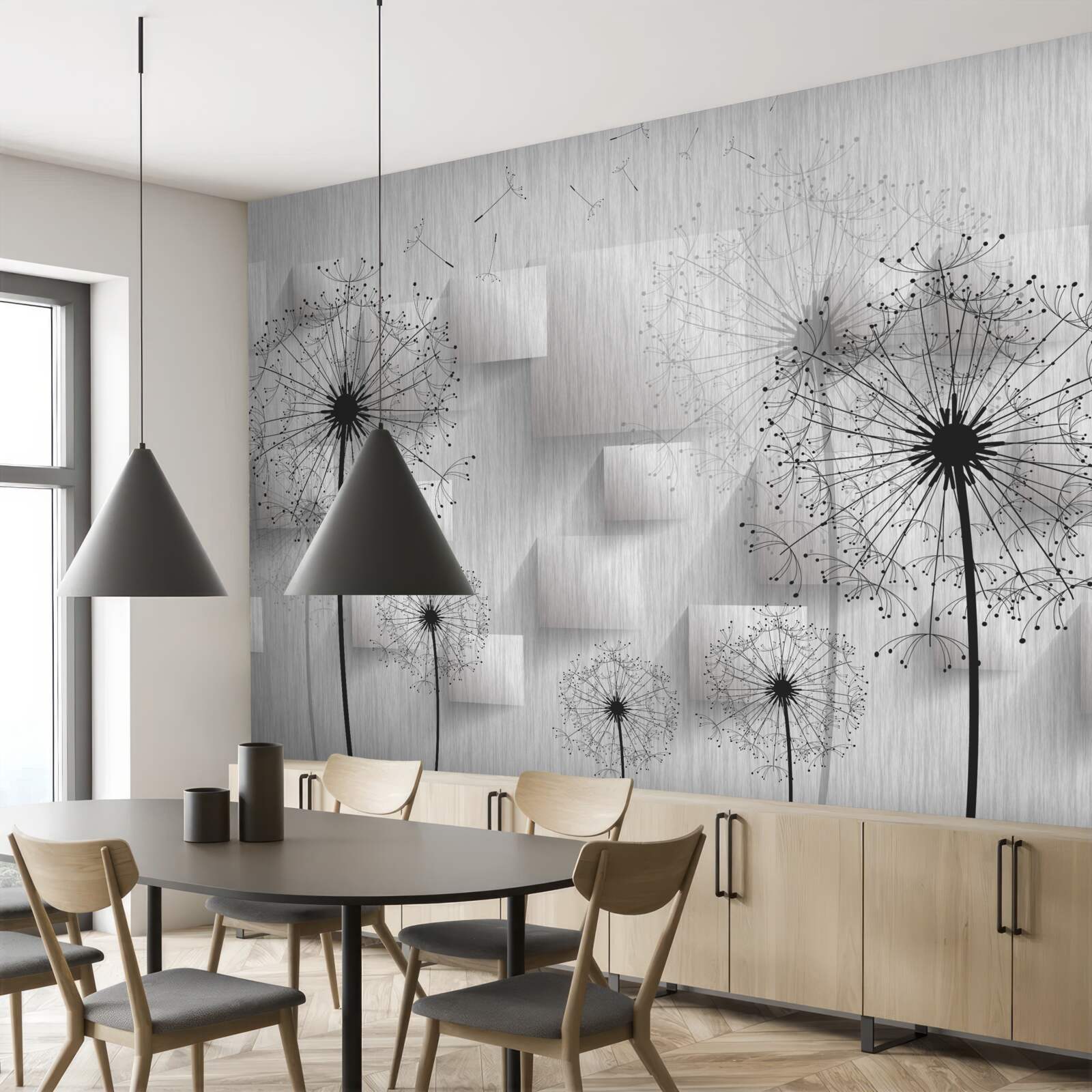 Fotobehang paardenbloemen op een achtergrond van geometrische vormen die vierkanten vormen