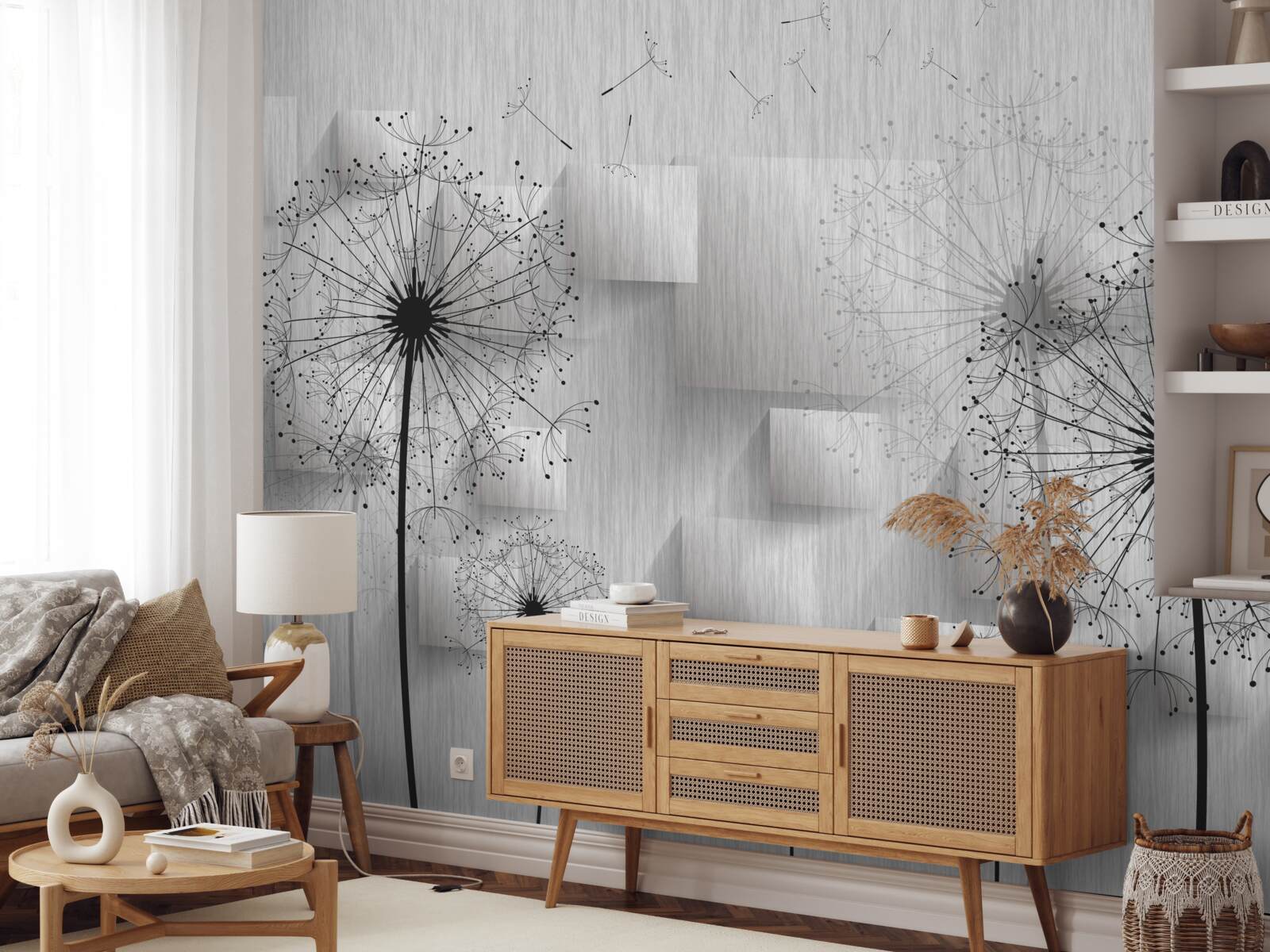 Fotobehang paardenbloemen op een achtergrond van geometrische vormen die vierkanten vormen