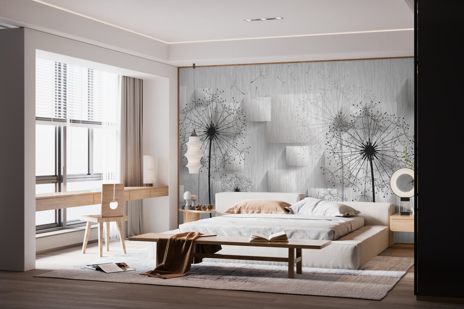 Fotobehang paardenbloemen op een achtergrond van geometrische vormen die vierkanten vormen