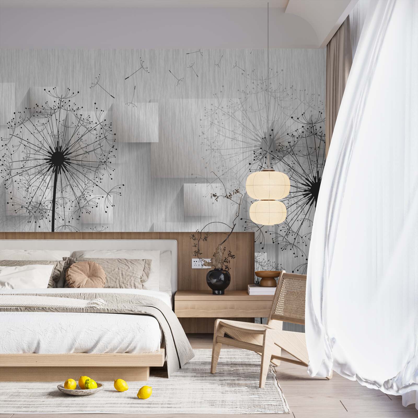 Fotobehang paardenbloemen op een achtergrond van geometrische vormen die vierkanten vormen