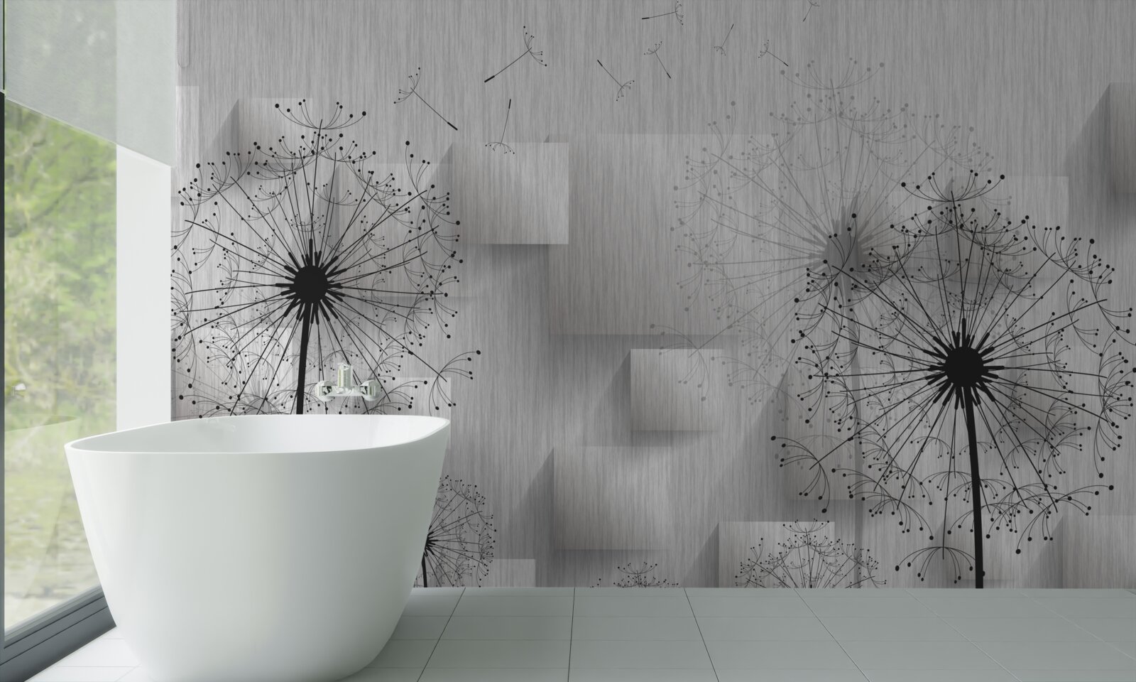 Fotobehang paardenbloemen op een achtergrond van geometrische vormen die vierkanten vormen