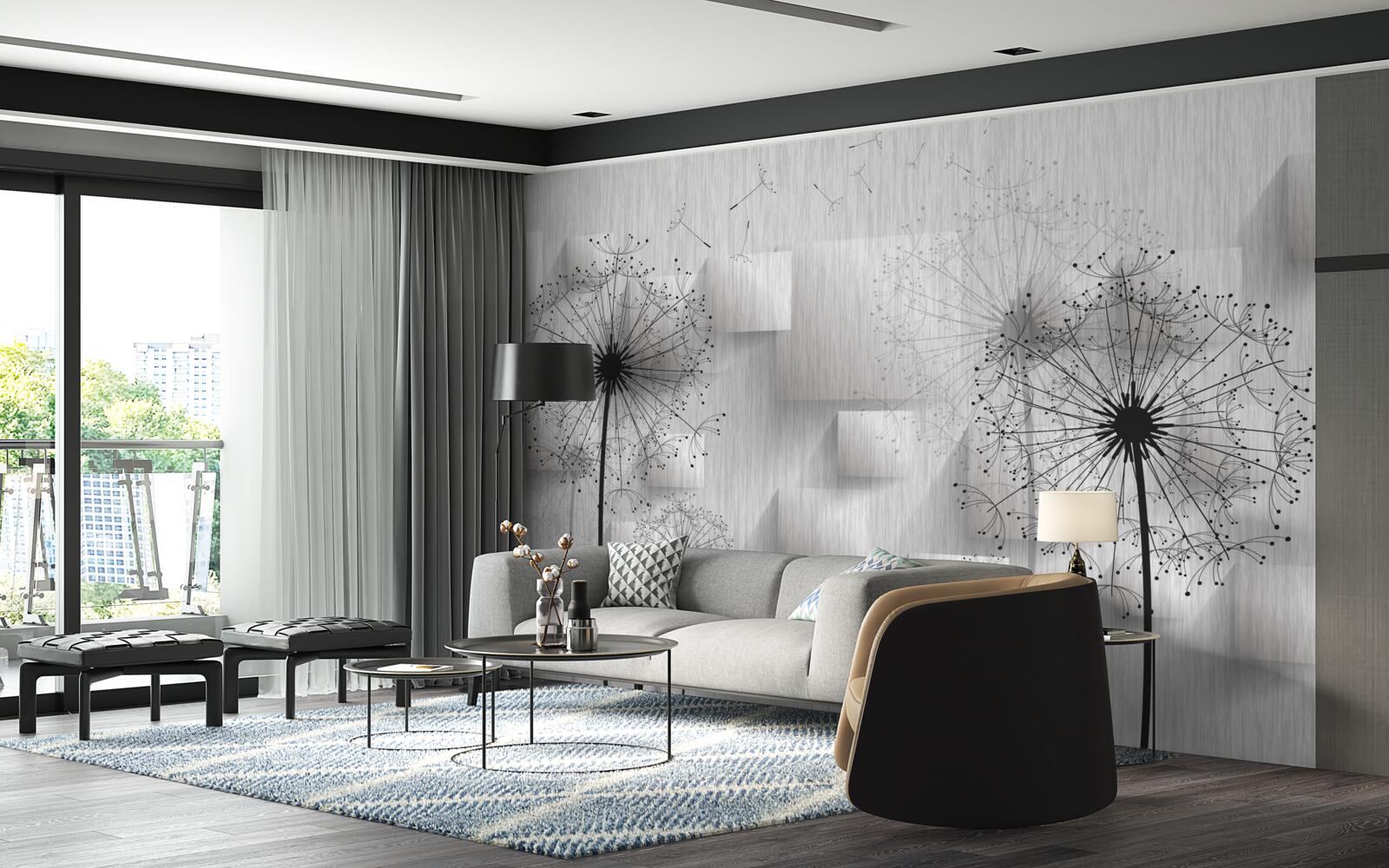 Fotobehang paardenbloemen op een achtergrond van geometrische vormen die vierkanten vormen