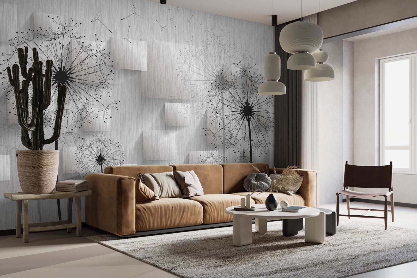 Fotobehang paardenbloemen op een achtergrond van geometrische vormen die vierkanten vormen