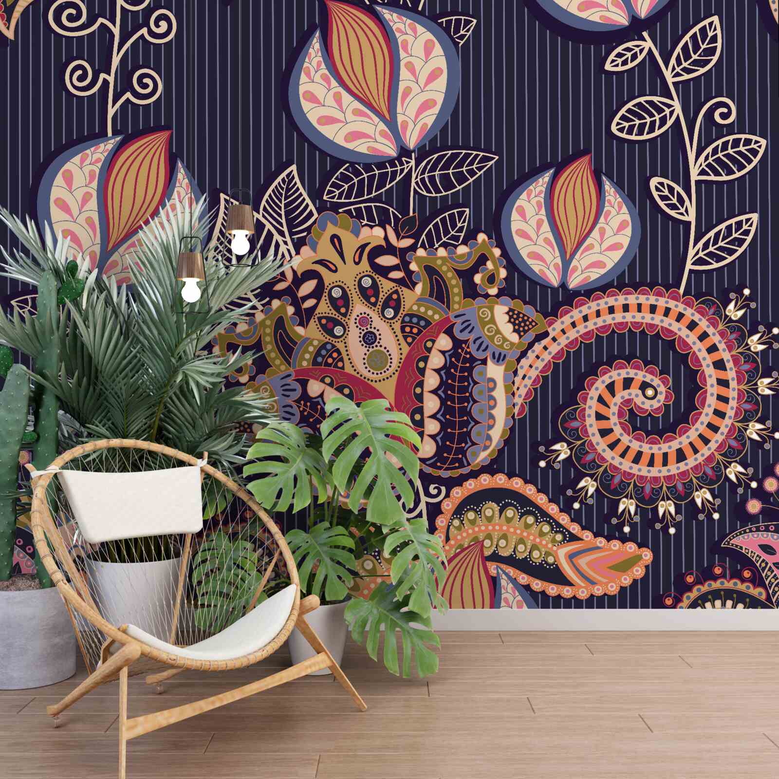 Fotobehang bloemen in vintage-stijl op een blauwe achtergrond