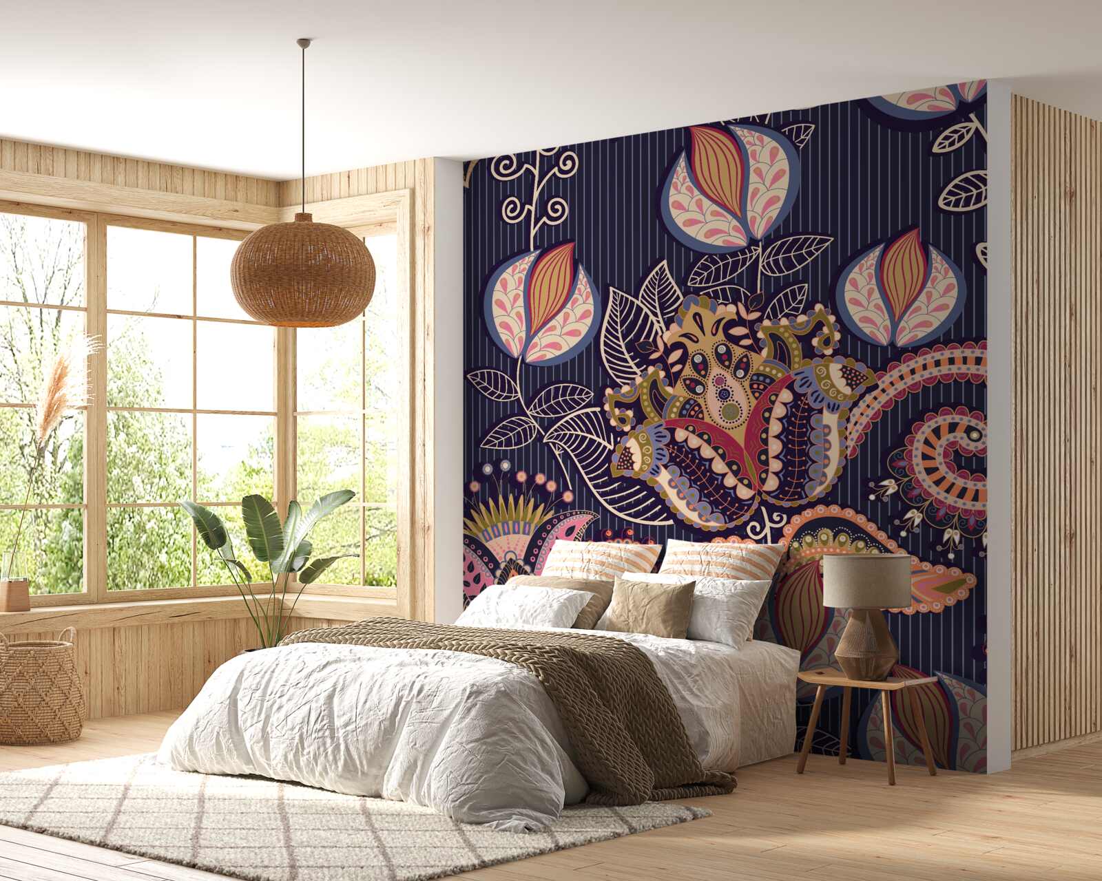 Fotobehang bloemen in vintage-stijl op een blauwe achtergrond