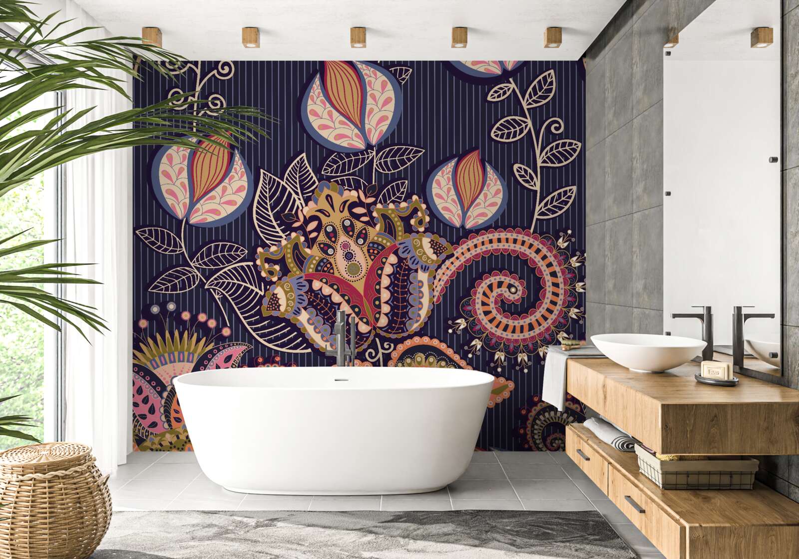 Fotobehang bloemen in vintage-stijl op een blauwe achtergrond