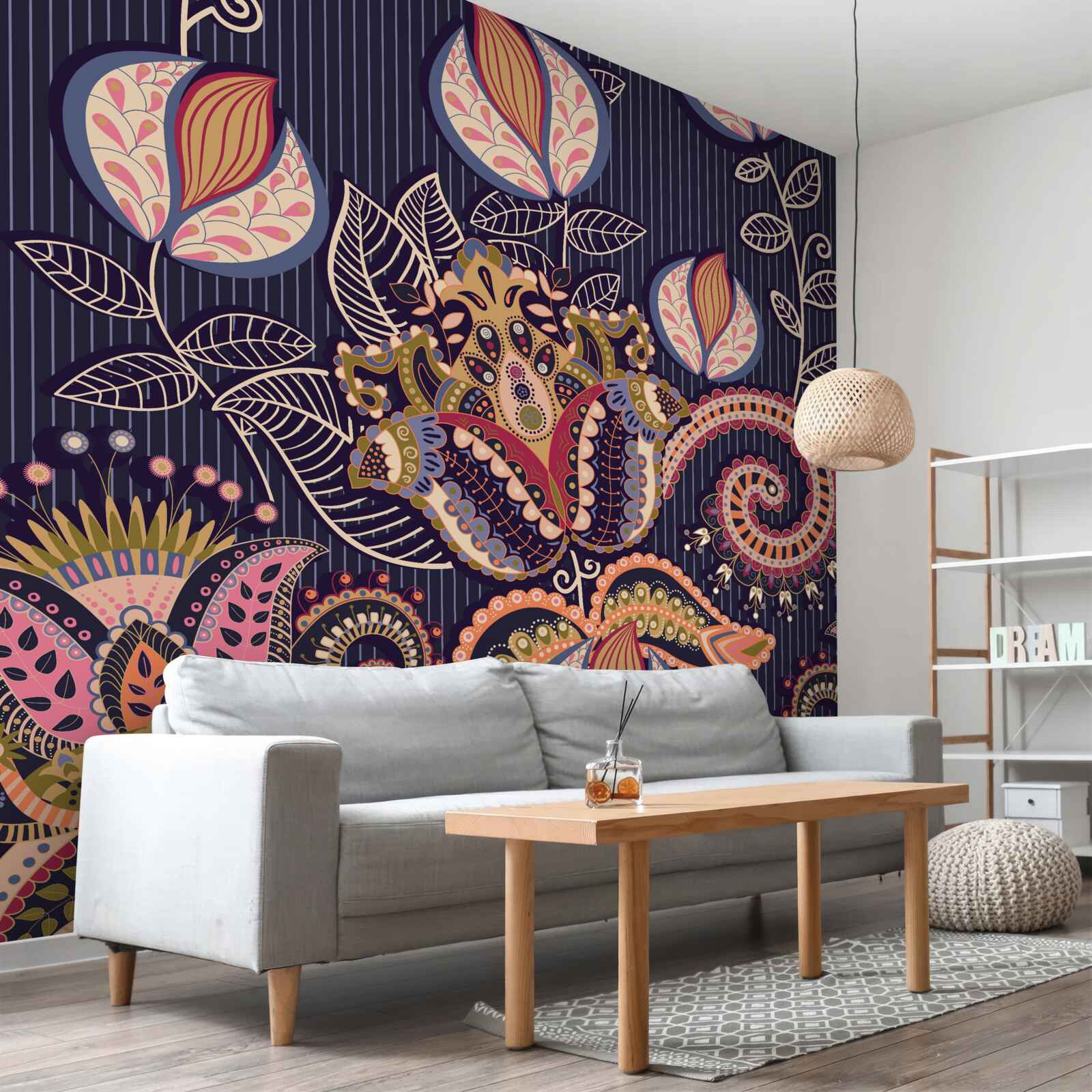 Fotobehang bloemen in vintage-stijl op een blauwe achtergrond