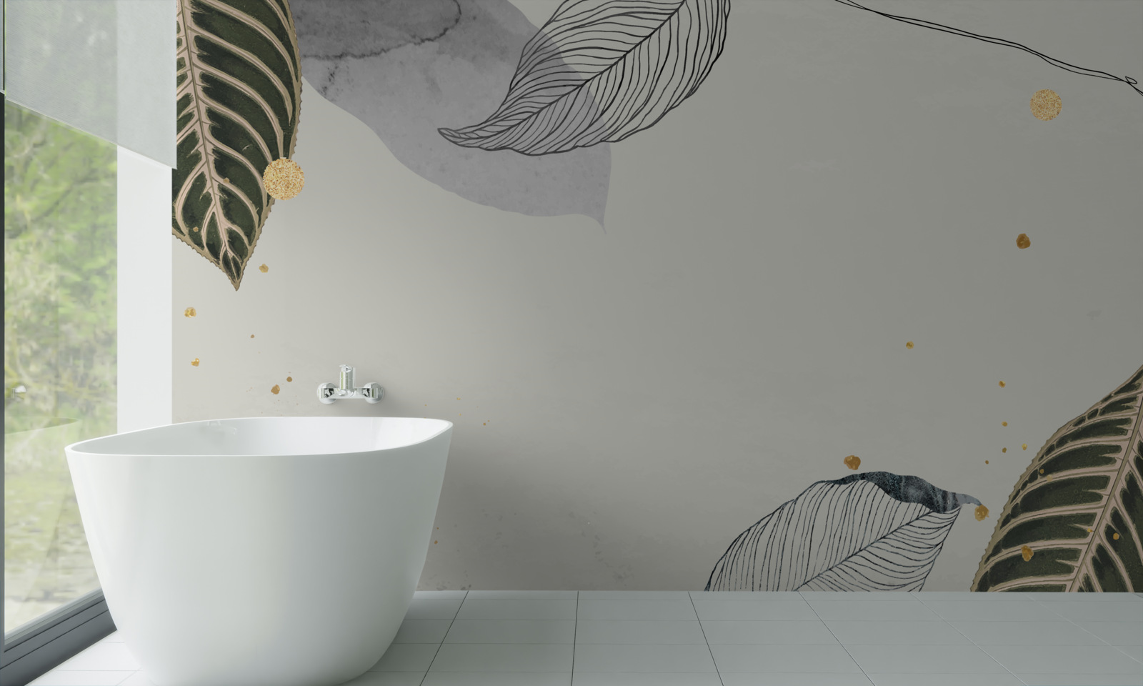 Fotobehang grote tropische bladeren op een grijze achtergrond