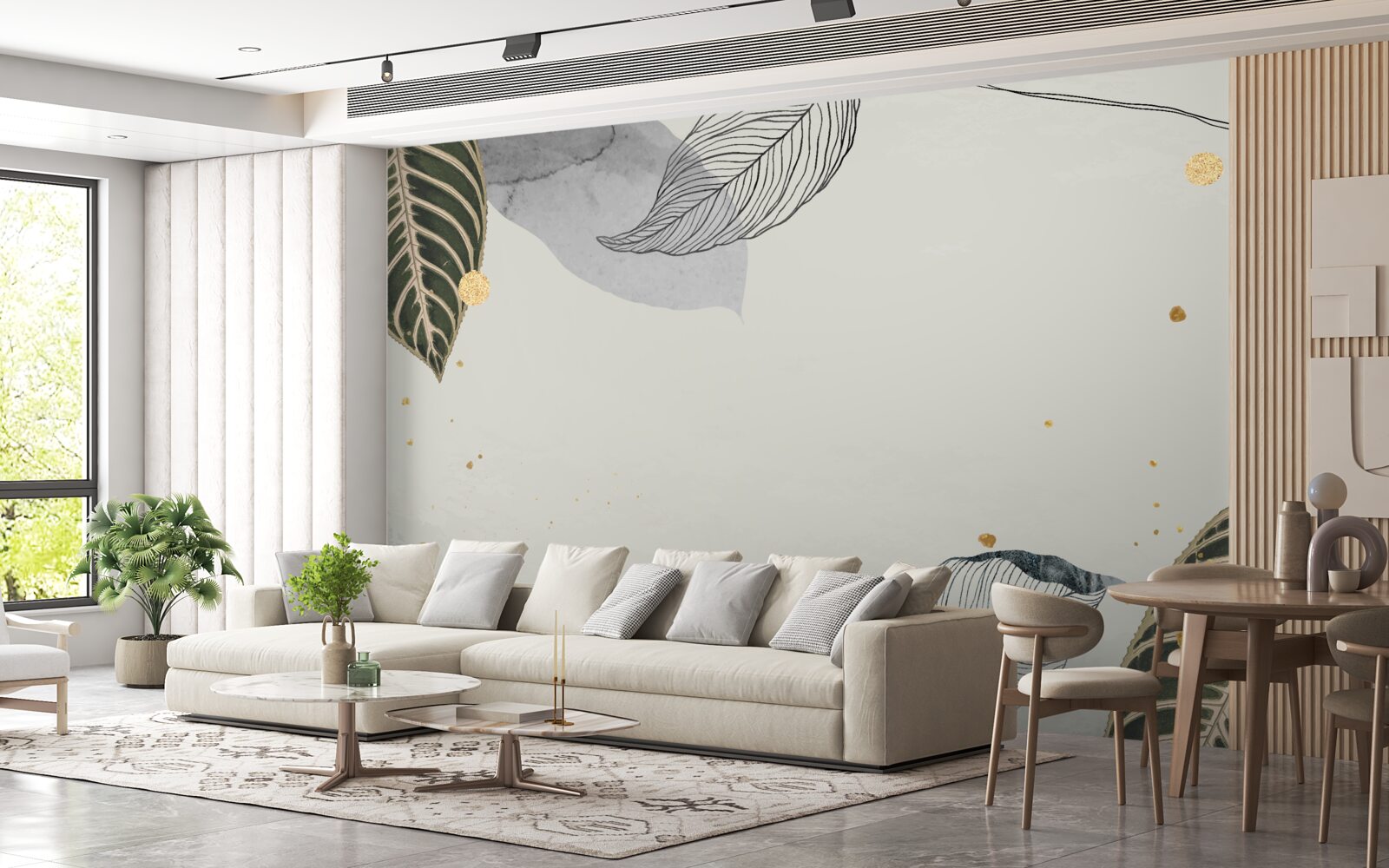 Fotobehang grote tropische bladeren op een grijze achtergrond