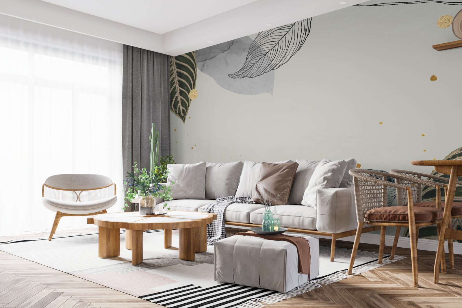 Fotobehang grote tropische bladeren op een grijze achtergrond