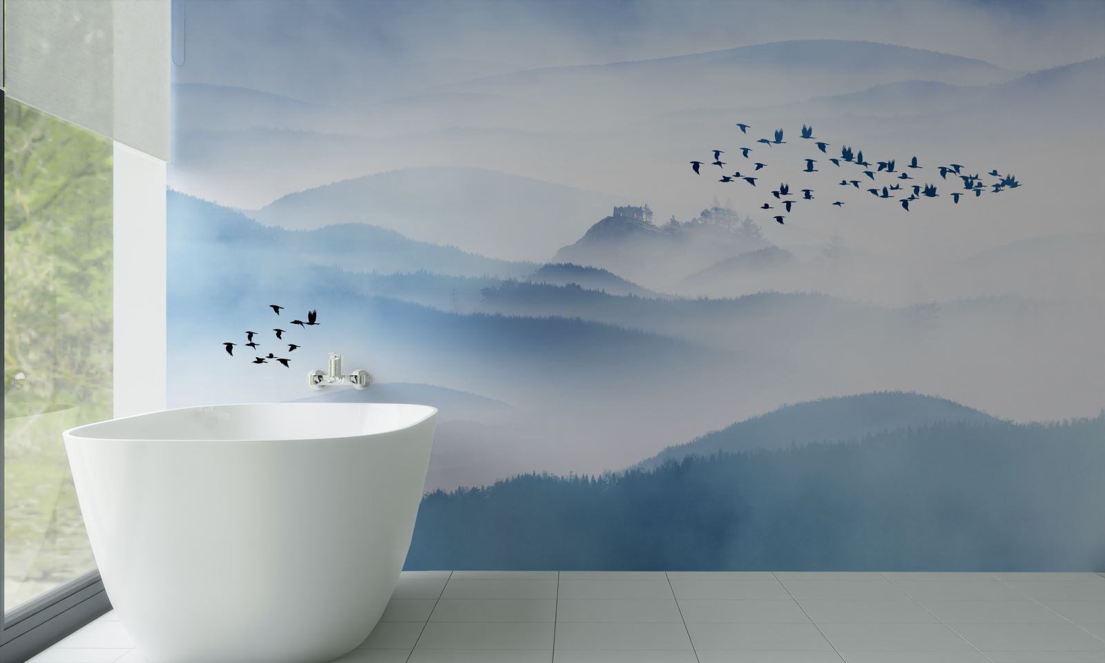 Fotobehang groepjes vogels stijgen op boven de mistige toppen