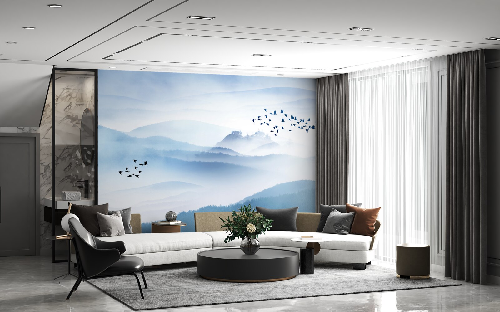 Fotobehang groepjes vogels stijgen op boven de mistige toppen