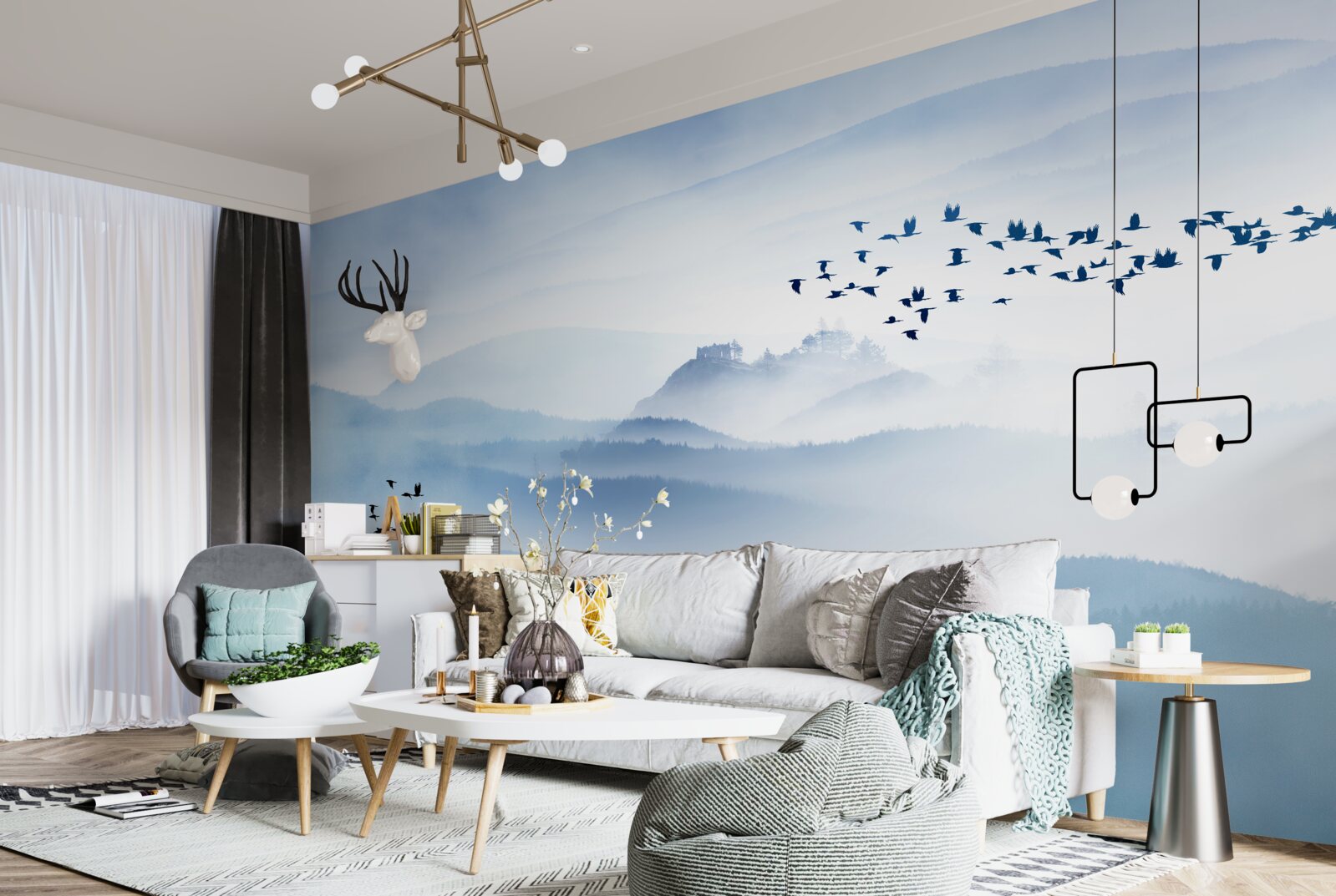 Fotobehang groepjes vogels stijgen op boven de mistige toppen