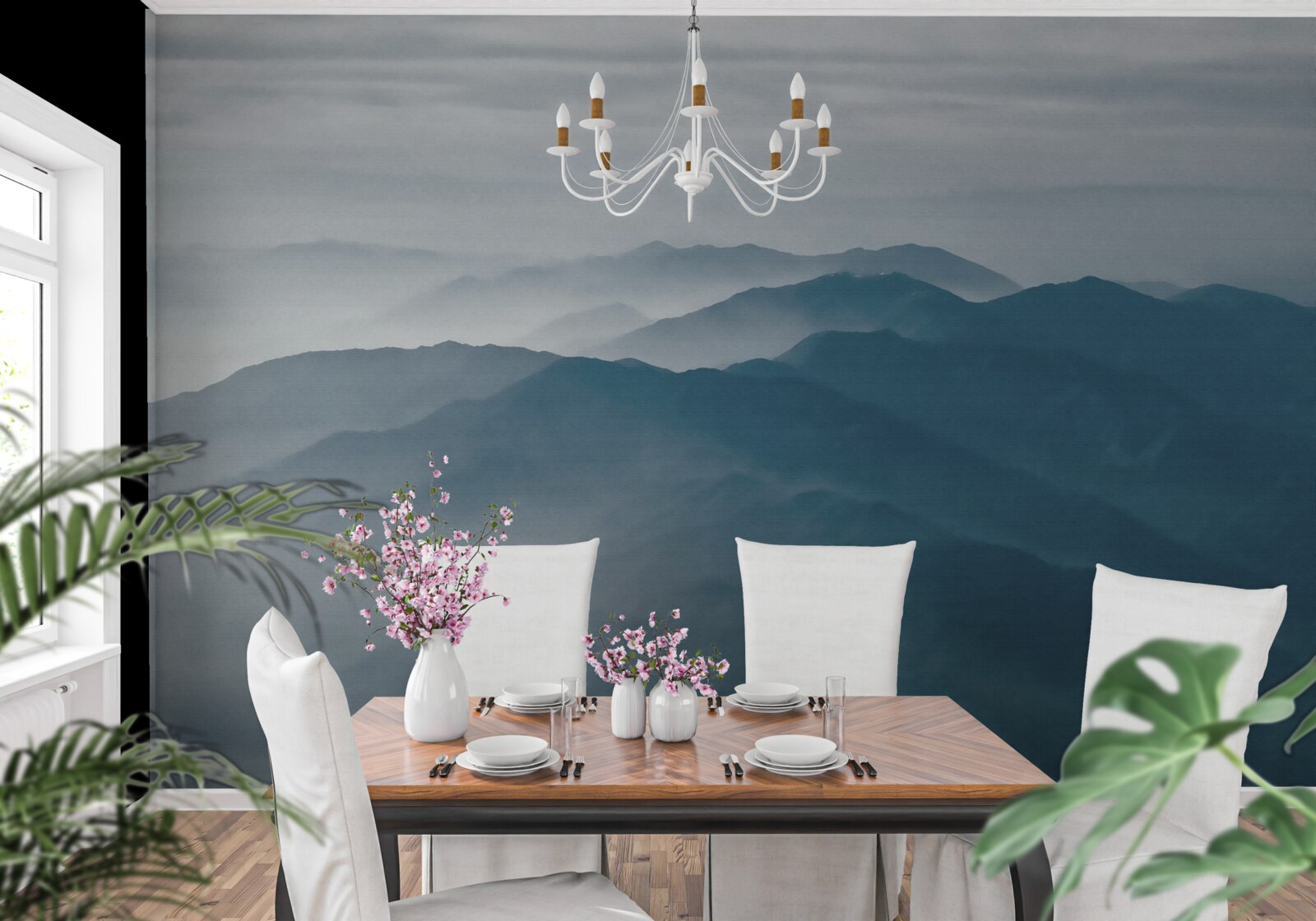 Fotobehang ochtendnevel omhult de bergtoppen