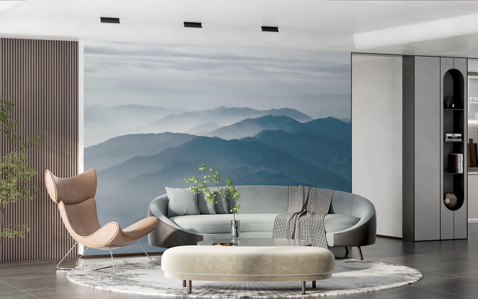 Fotobehang ochtendnevel omhult de bergtoppen