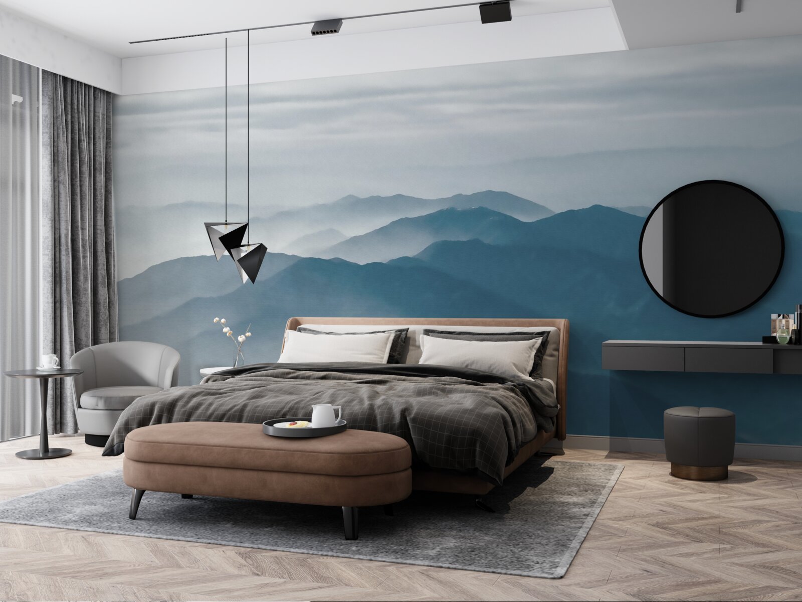 Fotobehang ochtendnevel omhult de bergtoppen