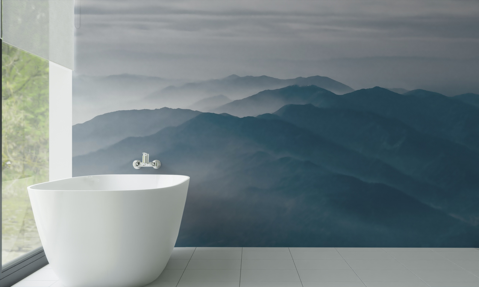 Fotobehang ochtendnevel omhult de bergtoppen