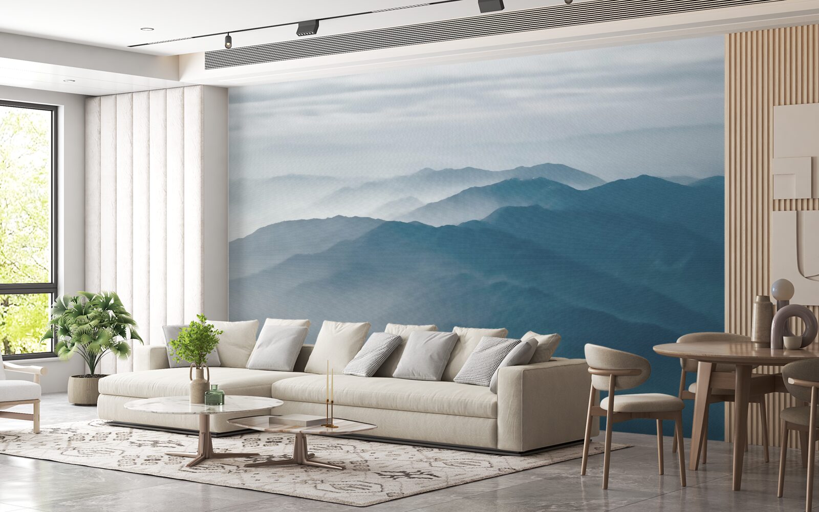 Fotobehang ochtendnevel omhult de bergtoppen